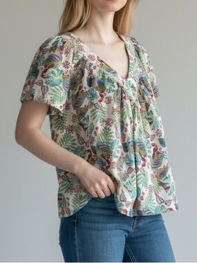 Haute Hippie V-Neck Tropical Toucan Print Loose Cotton Peasant Top Sz L